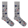 A pair of heather gray crew socks featuring a repeating pattern of police-themed items including blue police hats, walkie-talkies, handcuffs, batons, and red-and-blue light bars, shown on a plain white background.