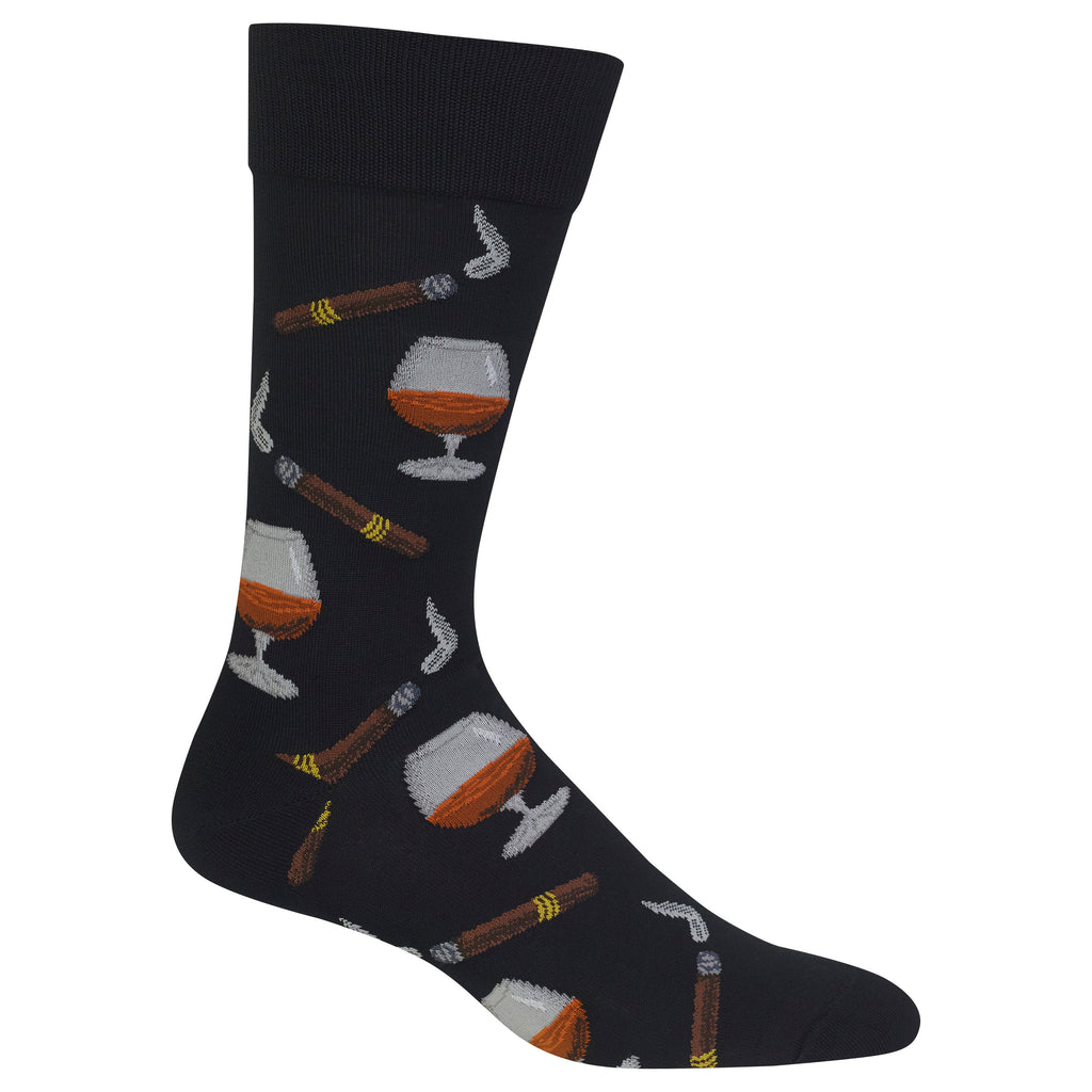 A single black crew sock with a repeating pattern of cognac glasses and cigars, shown on a plain white background.
