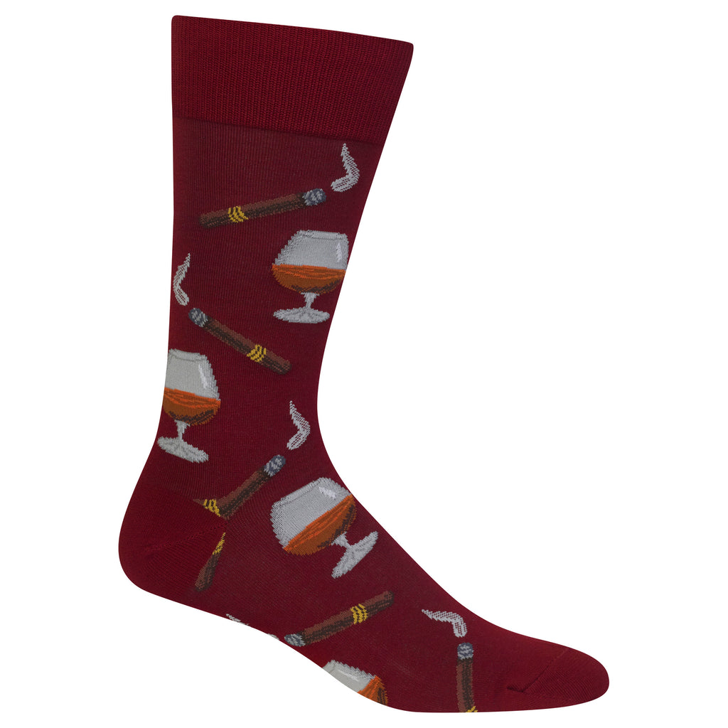 A single crew sock in deep burgundy with a repeating pattern of cognac glasses, cigars, and smoking pipes, shown on a plain white background.
