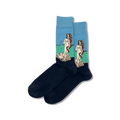 Navy socks with a design of a woman and shell on a blue background