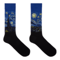 A pair of crew socks featuring a blue and yellow Van Gogh-inspired swirling night sky and cypress tree design on the upper portion, with solid black feet below, shown on a plain white background.