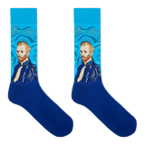 A pair of crew socks featuring a stylized portrait of Vincent van Gogh in blue and beige tones, set against a bright blue background with swirling brushstroke patterns. The lower half of the socks is a solid deep blue. thumbnail