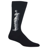 A single black crew sock featuring a detailed white and gray embroidered depiction of the Venus de Milo statue on the side, shown against a plain white background.