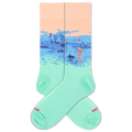 A pair of crew socks with a scenic landscape oh Monet's "Impression, Sunrise" design featuring a peach sky, blue water, and a small red sun, with the lower portion fading into mint green. The toes and heels are solid mint green, and the words 'HOTSOX' are printed in red on the toes.