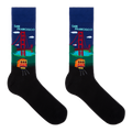 A pair of black crew socks with a colorful San Francisco graphic on the upper leg. The design features the Golden Gate Bridge, a yellow cable car, and the text 'SAN FRANCISCO' on a dark blue background, with a black lower section.