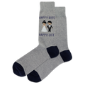 A pair of heather gray crew socks with navy blue heels, toes, and cuffs, featuring a cute embroidered graphic of a bride and groom and the text 'HAPPY WIFE HAPPY LIFE' on the upper leg.