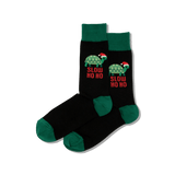Black socks with turtle design and 'Slow Ho Ho' text on a transparent background thumbnail