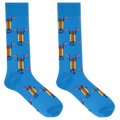 A pair of bright blue crew socks featuring a repeating cartoon hot dog character holding small American flags, shown on a plain white background.