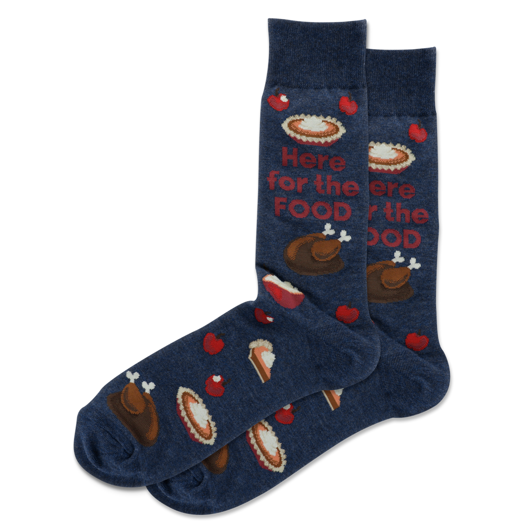 Navy blue socks with food-themed designs and text on a white background