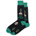 Black socks with green accents featuring hedgehogs and Christmas trees, text 'Happy Holidillos'.