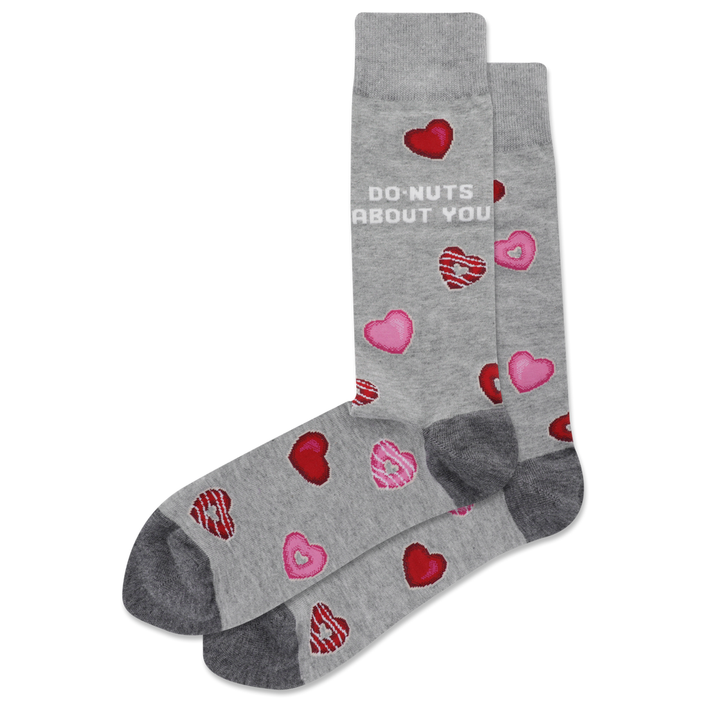 Gray HOTSOX men's socks with a donut heart pattern that says "DO-NUTS ABOUT YOU"