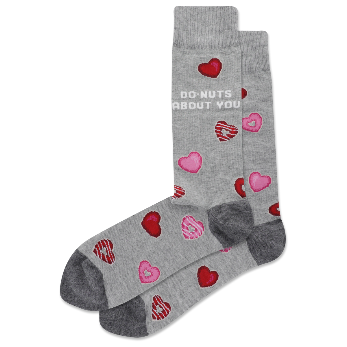 Gray HOTSOX men's socks with a donut heart pattern that says "DO-NUTS ABOUT YOU"