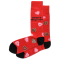 Red HOTSOX men's socks with a donut heart pattern that says "DO-NUTS ABOUT YOU"