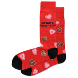 Red HOTSOX men's socks with a donut heart pattern that says "DO-NUTS ABOUT YOU"