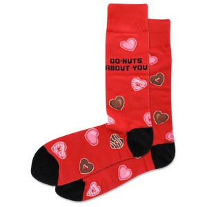 Red HOTSOX men's socks with a donut heart pattern that says "DO-NUTS ABOUT YOU"