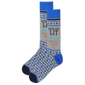 A pair of men's crew socks with blue and gray color scheme, featuring lit candles on the menorah and star of david designs, and the text 'LET'S GET LIT'.