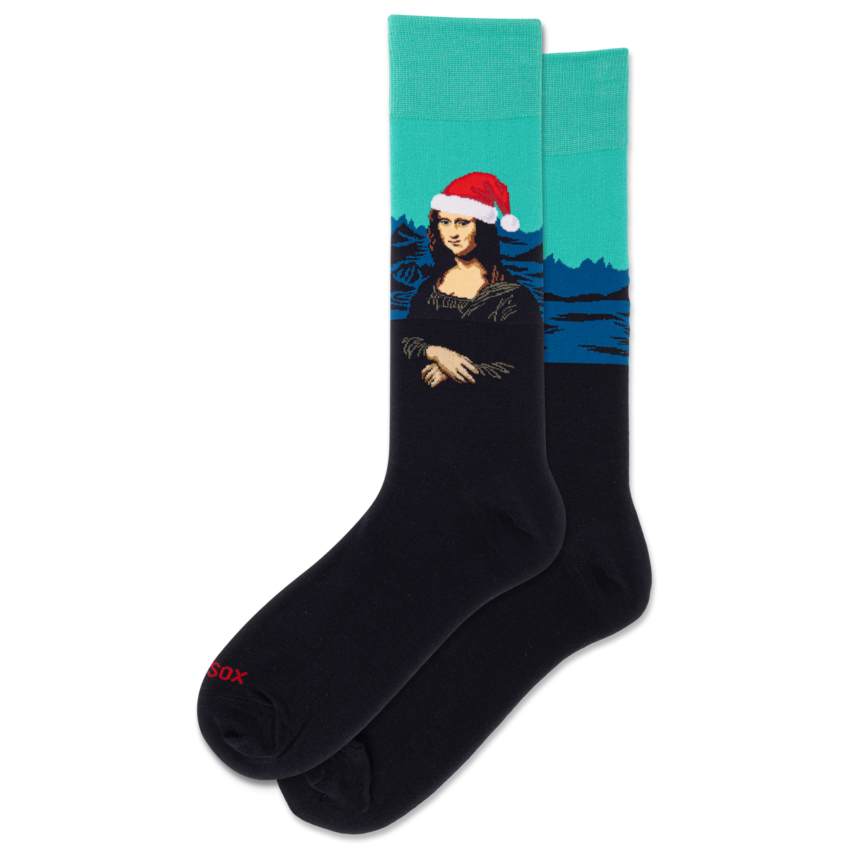 Black socks with a Mona Lisa wearing a Santa hat design on a teal background