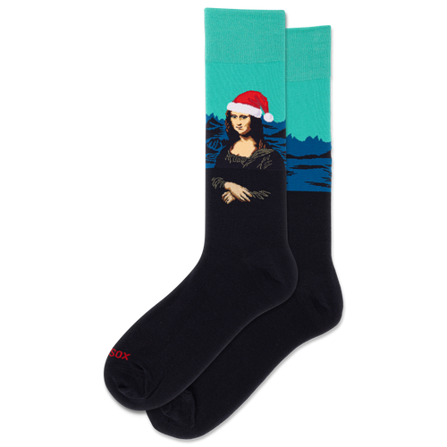 Black socks with a Mona Lisa wearing a Santa hat design on a teal background