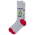 A pair of heather gray crew socks with red heels and toes, featuring a graphic of a green avocado wearing a Santa hat with the text 'Jingle Bell Guac'.