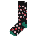 A pair of black crew socks with a red and white peppermint candy print and green toes and heels, displayed on a clean white background.