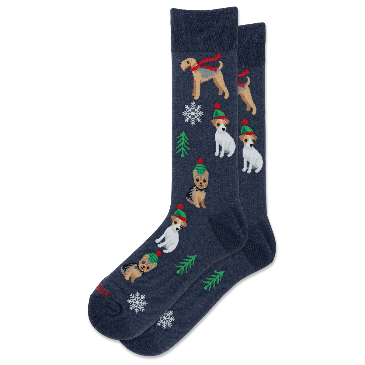 A pair of navy blue crew socks featuring a festive Christmas pattern with wirehaired dogs wearing red scarves and green hats, decorated with white snowflakes and green pine trees.