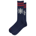 A pair of navy blue crew socks with red stripes near the top and white snowflake motifs, displayed on a clean white background.