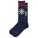 A pair of navy blue crew socks with red stripes near the top and white snowflake motifs, displayed on a clean white background. thumbnail