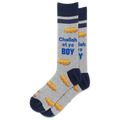 A pair of crew socks in heather gray with navy blue cuffs, heels, and toes, featuring a pattern of golden matzah bread and the text 'Challah at ya BOY' in blue and white.
