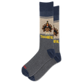 A pair of crew socks with a Thanksgiving theme. The socks feature a heather gray body, navy blue heels and toes, and a beige upper section with a cartoon turkey graphic and the word 'THANKFUL' in yellow.
