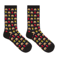 A pair of black crew socks with a repeating pattern of fast-food items including burgers, fries, drinks, and pizza slices, displayed against a solid white background.