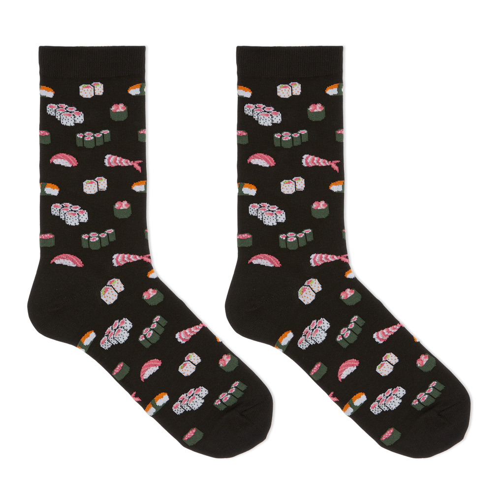 A pair of black crew socks with an all-over sushi print, displayed flat against a solid white background.