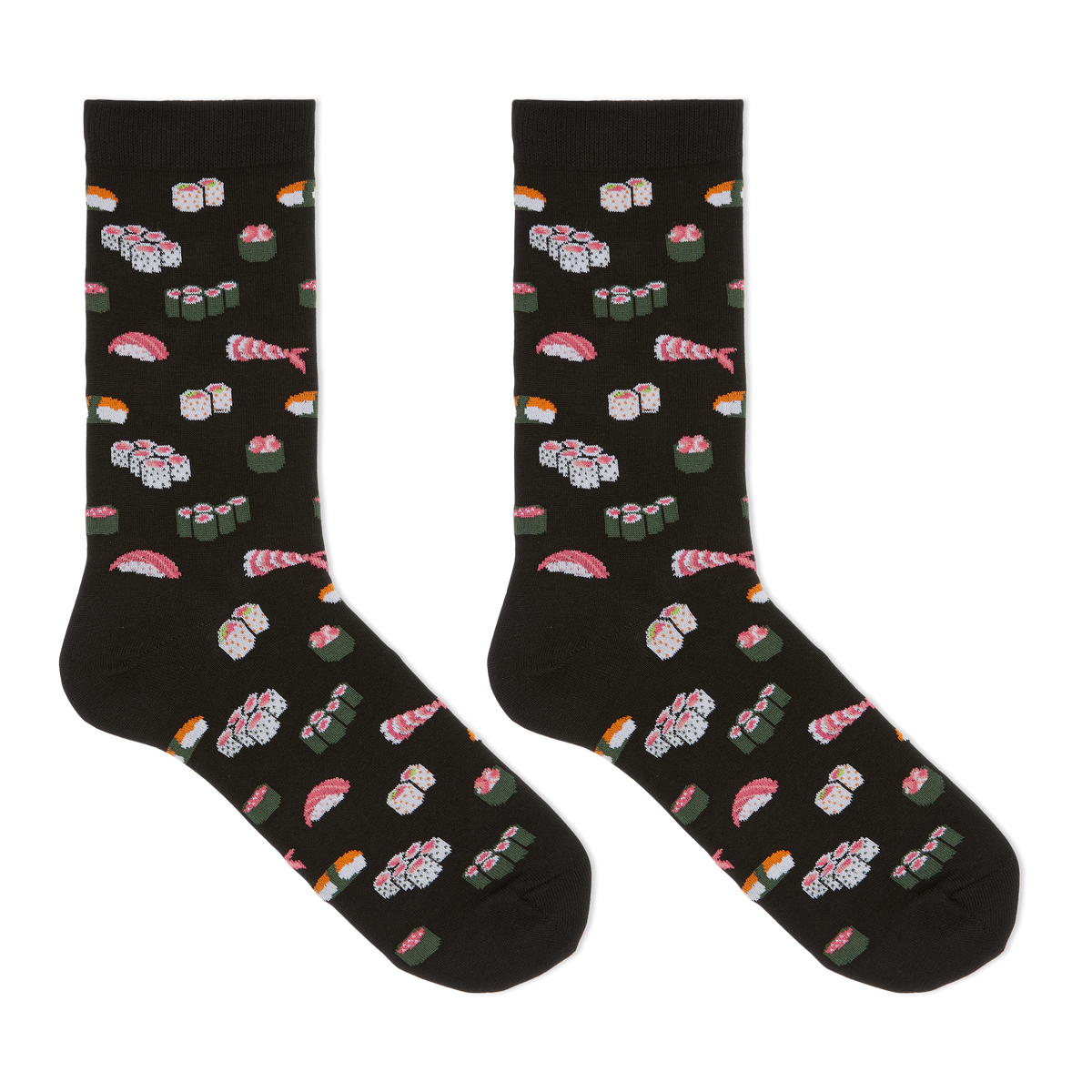 A pair of black crew socks with an all-over sushi print, displayed flat against a solid white background.