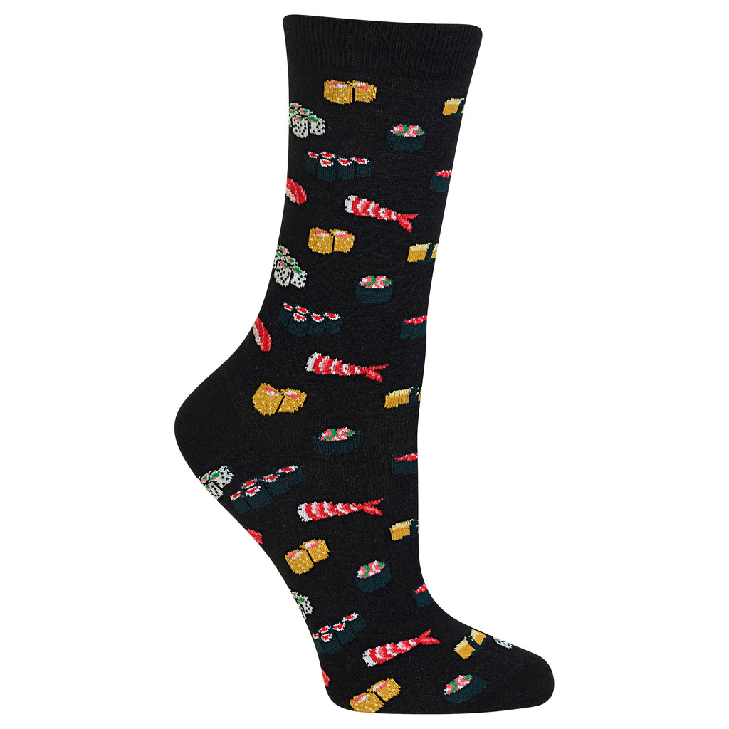 A single black crew sock with an all-over sushi print, shown on a plain white background.