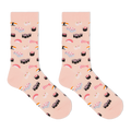 A pair of crew socks in a light peach-pink color, printed with a playful pattern of various sushi and sashimi illustrations, shown against a plain white background.