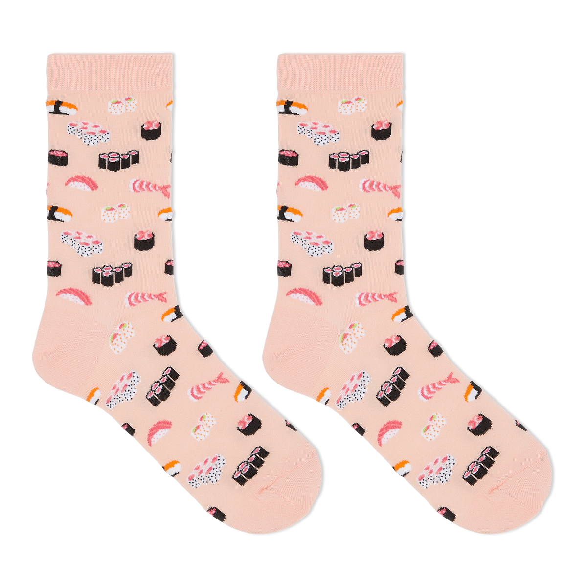 A pair of crew socks in a light peach-pink color, printed with a playful pattern of various sushi and sashimi illustrations, shown against a plain white background.
