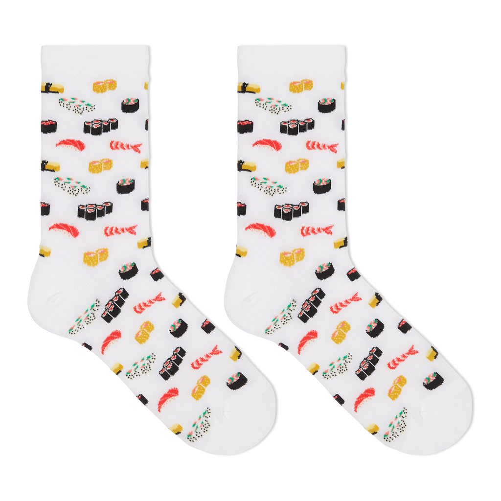 A pair of white crew socks with an all-over sushi print, featuring illustrations of nigiri, maki, and uni sushi on a clean white background.
