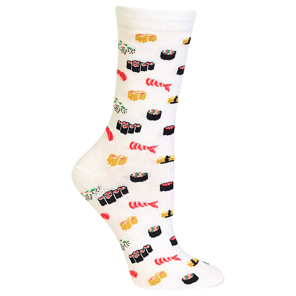 A single white crew sock with a repeating pattern of sushi rolls, nigiri, and red calligraphy, shown on a plain white background.