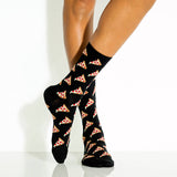 Black socks with pizza pattern worn by a woman on a white background thumbnail