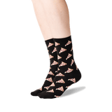 Black socks with pizza pattern worn by a person on a white background thumbnail