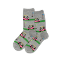 A pair of heather gray crew socks featuring a repeating pattern of pink golf carts on green putting greens with small golf balls and flags.