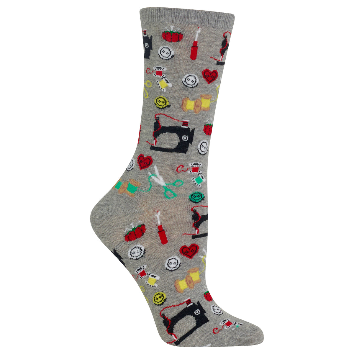 A single gray crew sock with a colorful pattern of sewing-themed icons including black sewing machines, red hearts, green scissors, yellow spools, and red thread spools, shown on a plain white background.