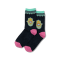 A pair of women's crew socks with a hamsa hand design in multicolor on a black background.