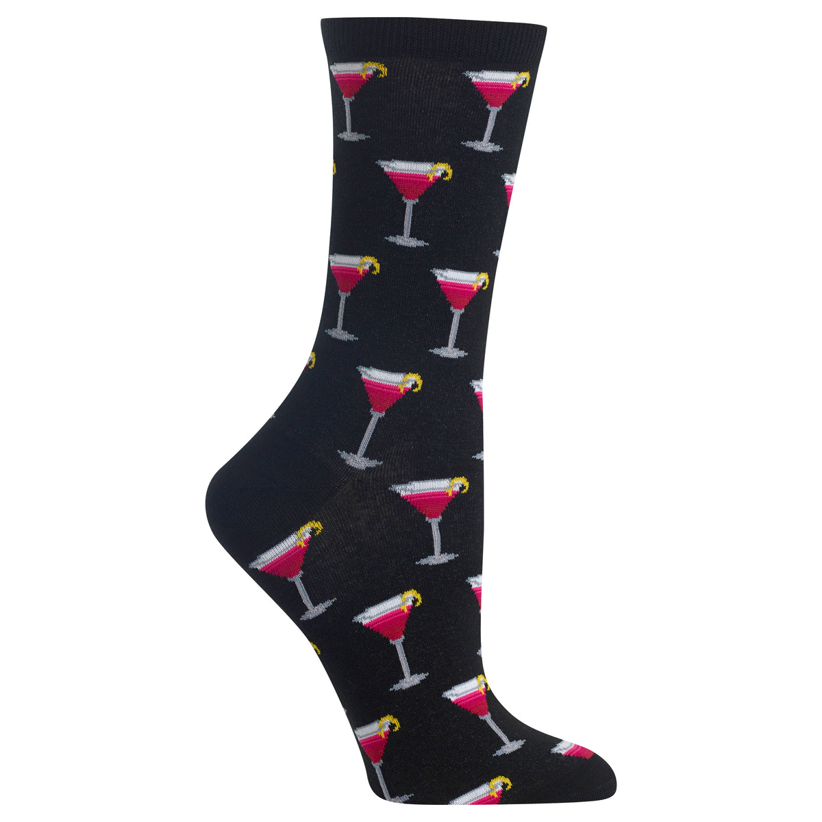 A single black crew sock with an all-over repeating pattern of pink margarita cocktails in white glasses with yellow olives, shown on a plain white background.