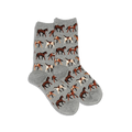 A pair of HOTSOX women's crew socks with a pattern of horses on a gray background.
