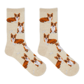A pair of crew socks in a warm cream color, featuring an all-over print of Corgi dogs in orange, white, and brown, with small white bone motifs.