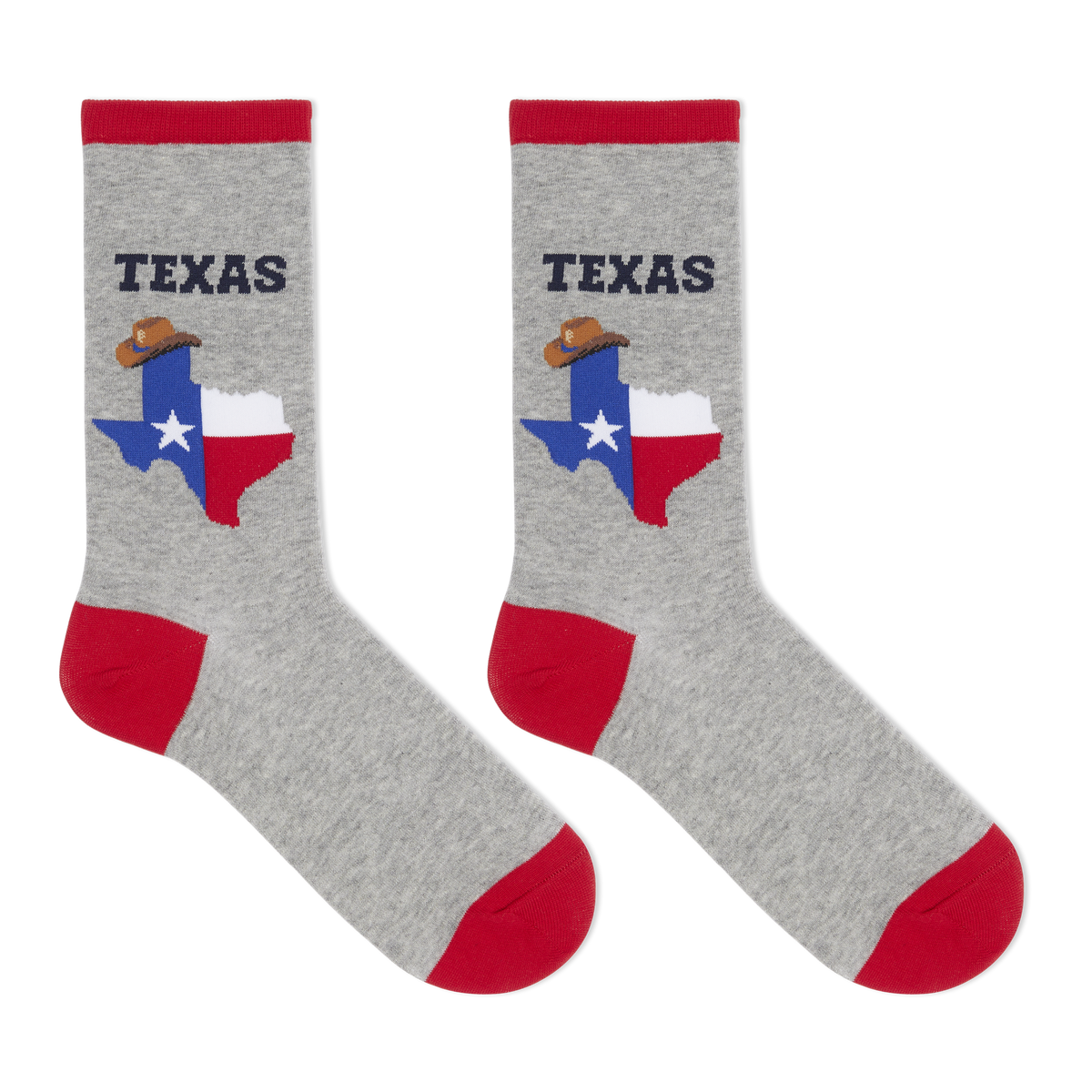 A pair of heather gray crew socks with red cuffs, heels, and toes. Each sock features a graphic of the state of Texas filled with the Texas flag and a cowboy hat, with the word 'TEXAS' printed above in dark navy.
