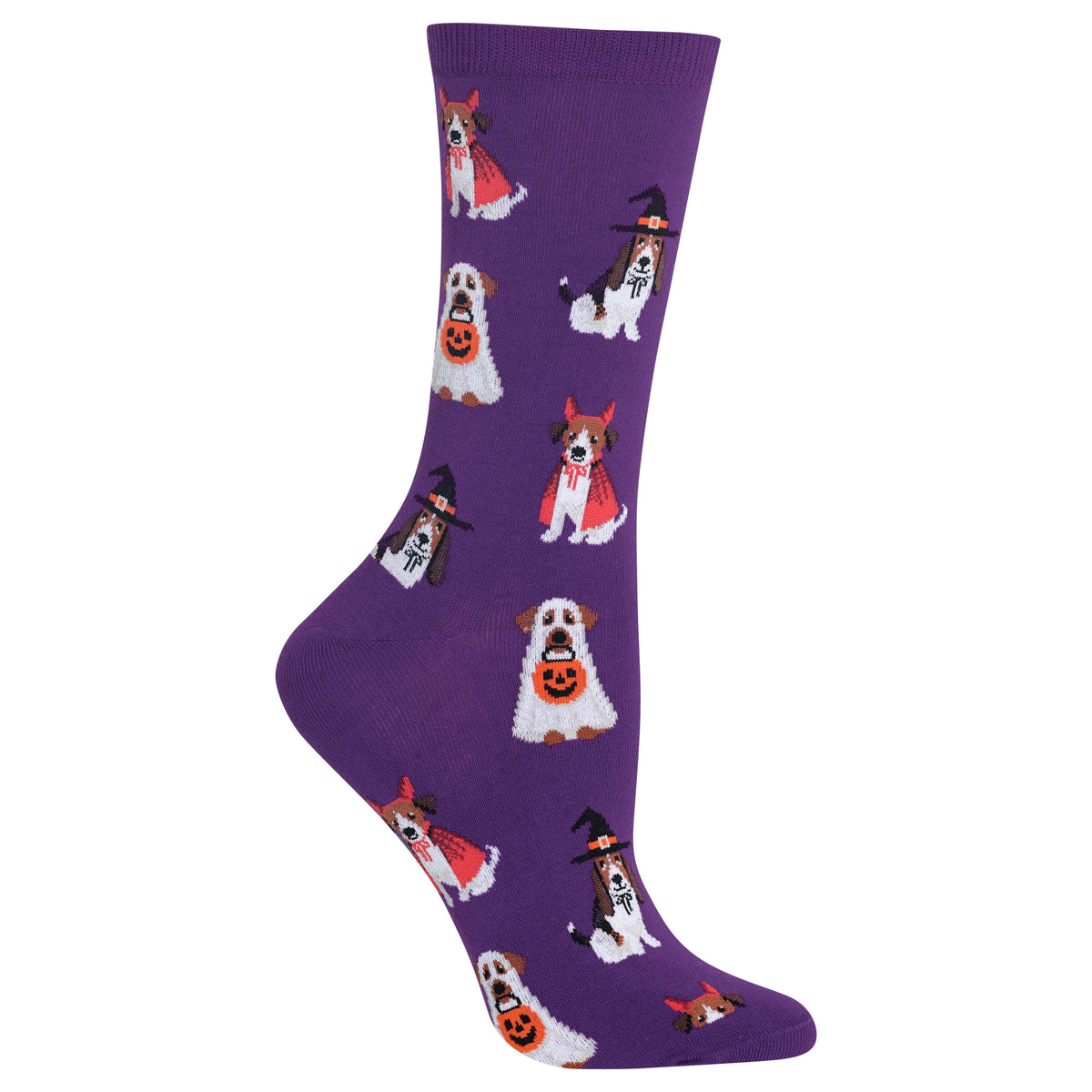 Purple crew socks featuring a repeating pattern of Jack Russell Terriers and Beagles dressed in Halloween costumes, including a witch hat and cape, on a plain white background.