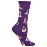Purple crew socks featuring a repeating pattern of Jack Russell Terriers and Beagles dressed in Halloween costumes, including a witch hat and cape, on a plain white background.