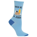 A single light blue crew sock with a graphic of a shushka pastry and a mustard bottle, accompanied by the text 'KNISH ME, I'M JEWISH' in black lettering.