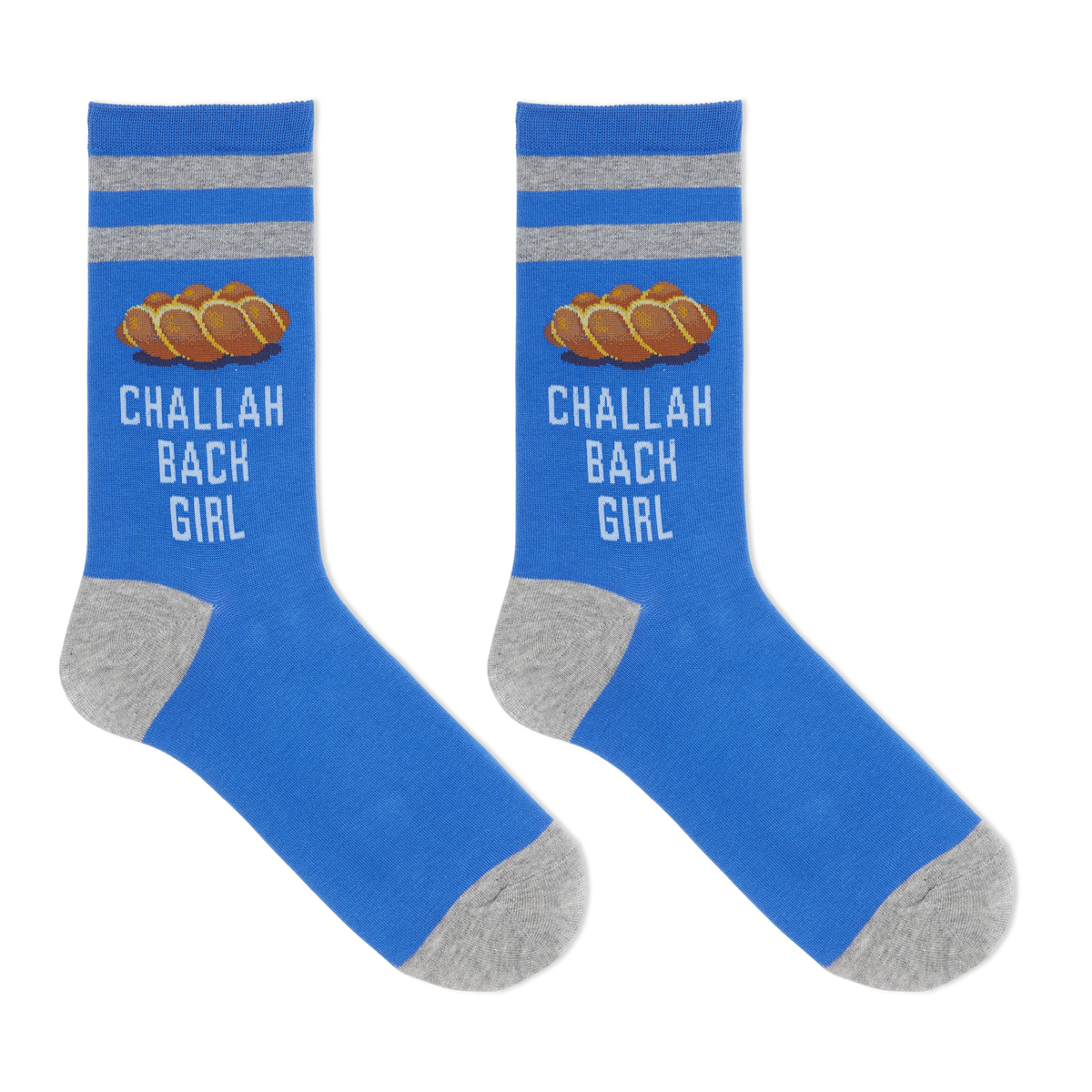 A pair of blue crew socks with gray heels, toes, and cuffs, featuring a graphic of challah bread and the text 'CHALLAH BACK GIRL' on the upper calf.